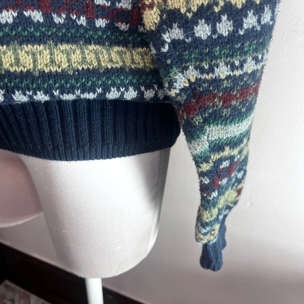 Vintage 90s Adult Large Fair Isle Cotton‎ Sweater Made in USA Navy Green Preppy